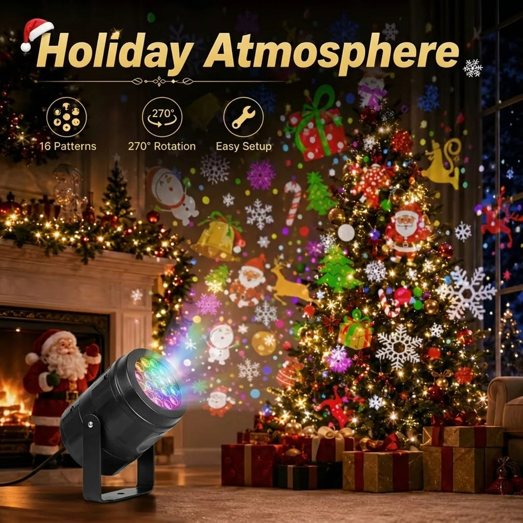 Proyector navideño junto al árbol