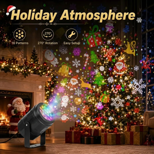 Proyector navideño junto al árbol